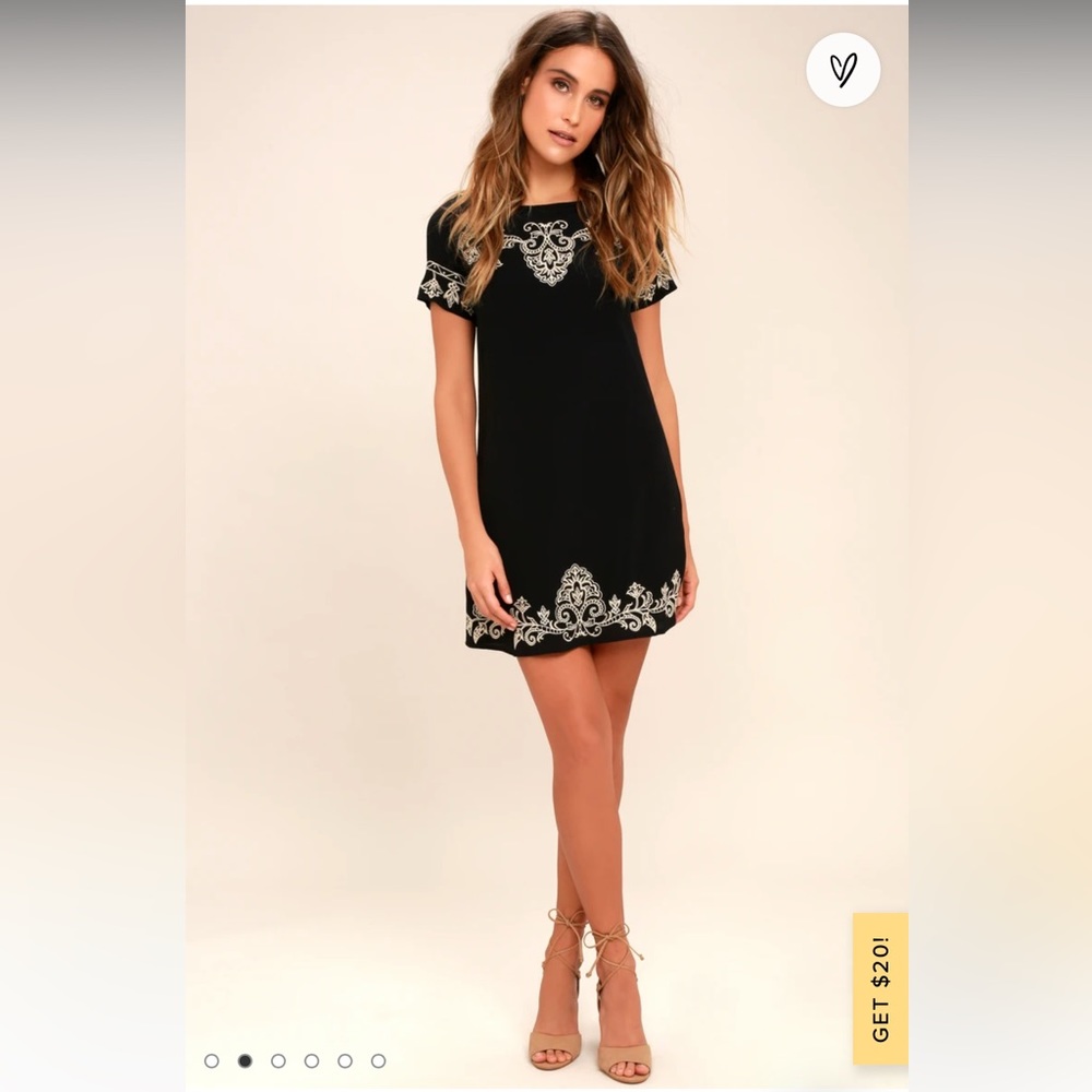 Lulus Tale To Tell Beige and Black Embroidered Shift Dress size small